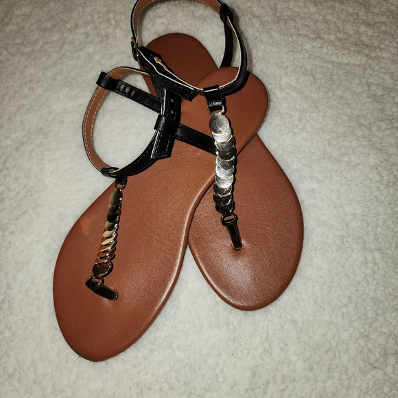 Shoes - Black Leather Flat Sandals with Gold Disc Embellishments - EUC